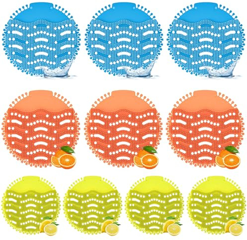 Xiciki 10 Pcs Urinal Mats, Urinal Blocks, Urinal Mats Scented, Ultimate Urine Smell Remover, Lemon, Ocean & Cherry Scents, Anti-Clogging, Splash Resistant, for Bathroom, Office, Restaurants, Schools