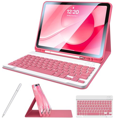 Kiloob for iPad 11th 10th Generation Case with Keyboard with Pencil Holder and Magnetic Disc Universal Stylus Pen 10.9 inch Wireless Detachable Folio Keyboard Cover for iPad 10th Gen 2022 (Hot Pink)