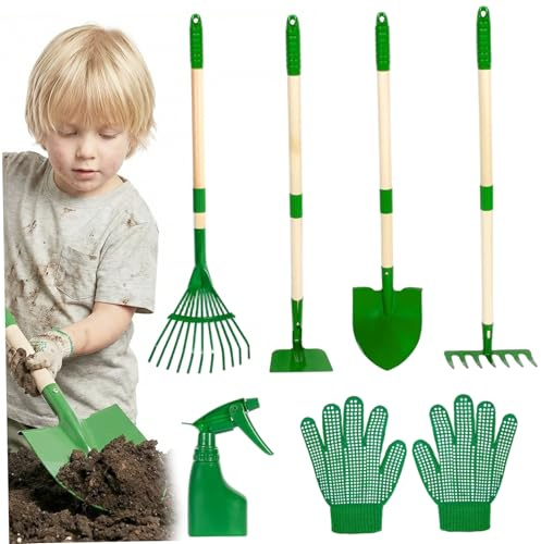 Kinder-GartensetKleinkind-Gartenset6-teiliges Gartenwerkzeug-Set für Kleinkinder mit Schaufel und Rechengrünes Gartenspielzeug-Set für draußen mit Holzgriff und Metallköpfen