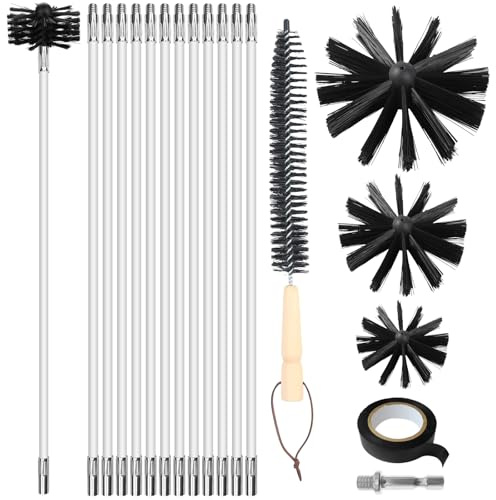 Deshollinador de chimeneas, Juego de 17 piezas para limpieza | Con 12 varillas de 41cm,3 cabezas de cepillo de 10/15/20cm,a varilla hexagonal de 4,5cm,a cepillo con mango de madera de 38cm