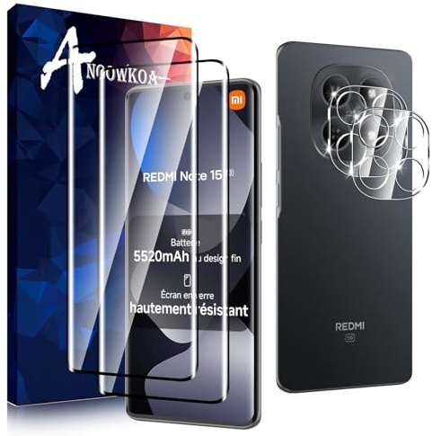 Anoowkoa 2 Piezas para Xiaomi Redmi Note 15 4G/5G Protector de Pantalla + 2 Piezas Protector de Lente de Cámara, protector de pantalla de vidrio templado, película protectora