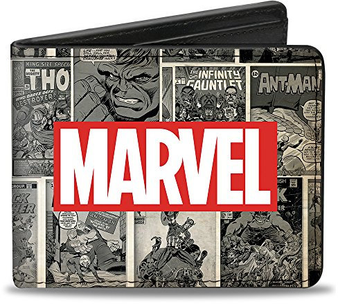 Buckle-Down Herren Marvel Logo/Retro Comic Covres/Scene Blocks Grays/Red/White Reisezubehr-Bi-Fold-Brieftasche, Rot und Grau, 4.0 x 3.5