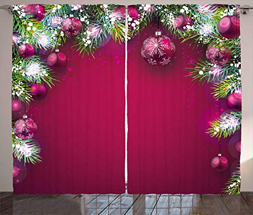 ABAKUHAUS Weihnachten Rustikaler Vorhang, Baumkugeln Schneeflocken, Wohnzimmer Universalband Gardinen mit Schlaufen und Haken, 280 x 260 cm, Magenta Grün