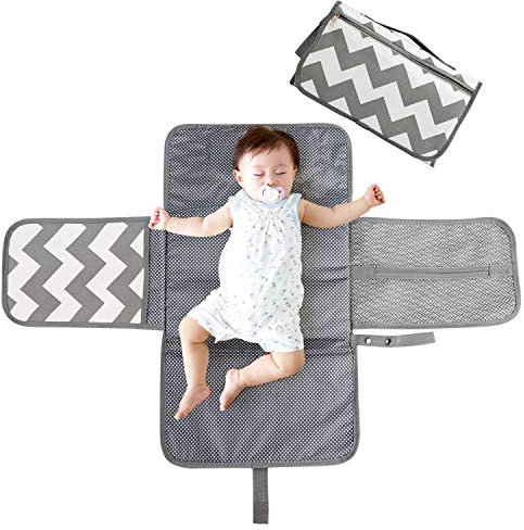 BelleStyle Tragbare Wickelunterlage für Baby, Baby Wickelunterlagen für Unterwegs, Faltbare Wickeltasche mit Wickelunterlage, Baby Wickelunterlage Waschbar und Befestigung für Kinderwagen(Graue Welle)