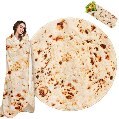 Outivity Burrito Wrap Neuheit Decke, realistische Essen Burrito Tortilla-Decke, weiches Plüsch, runde Überwurfdecke für Bett, Couch oder Reisen (Gelb-C, 203,2 cm)