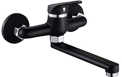 Grifo de Cocina de Pared 2 Funciones 360 ° con Caño Largo y Bajo para Baño y Cocina con Aireador Montaje en Pared 15 cm (Negro)
