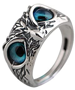 ISAKEN 925 Sterling Silber Demon Eye Owl Ring, Silber Eule Ringe Diamant Ring Hypoallergene Damen Männer Retro Tier Öffnung Verstellbarer Ring Fingerring Schmuck