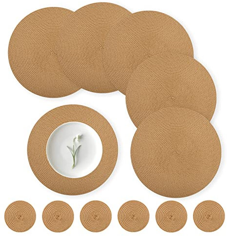wiipara 12er Set Runde Tischsets Platzsets Abwaschbar, 34cm Gewebte Platzdeckchen Hitzebeständig mit Untersetzer, Tischset Platzset Gold Rund für Küche, Weihnachten, Party, Hochzeit (Hell Braun)