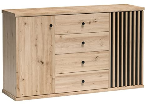 Mirjan24 Kommode Weren WE04 mit 4 Schubladen und 2 Türen, gedämpftem Schließsystem, Sideboard, Highboard, Wohnzimmer, Diele, Flur, Mehrzweckschrank, Anrichte (Artisan/Schwarz + Artisan Lamellen)