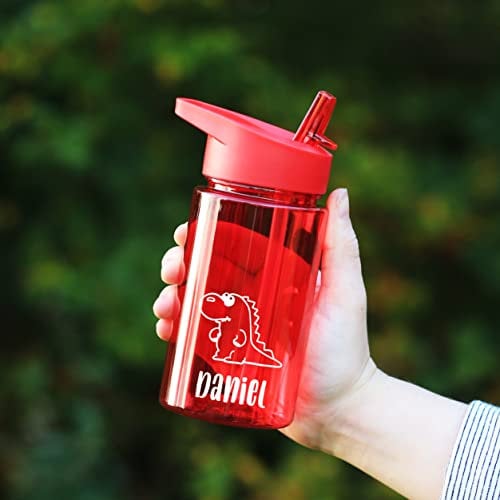 eBuyGB Personalised Water Bottle with Flip Straw for School, Nursery - Reusable BPA Free 440ml Tritan Drinks Travel Bottle Cup for Children, Kids - Any Name (Red)