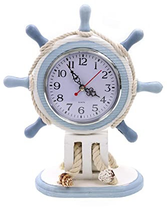 ELLUG Maritime Standuhr als Steuerrad aus Holz mit Uhr zum Aufstellen, 27 * 21cm, Vintage Stehdekoration für Badezimmer Schlafzimmer Küche