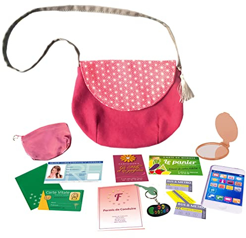 Amulette - Mon Premier Sac à Main - Jeu Imitation pour 3 à 10 Ans - 16 Accessoires Cartes, Porte-Monnaie, Smartphone - Jouet Cadeau Enfant Fille Bandoulière - Fabriqué en France - PSAC Rose