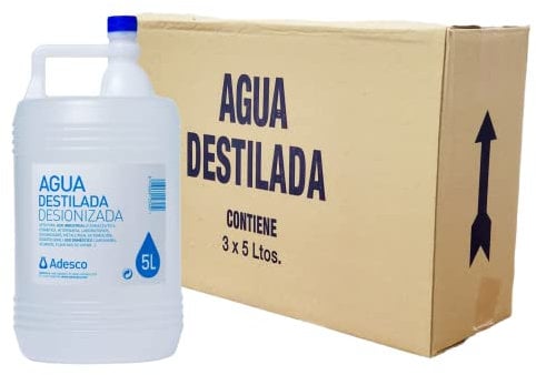 ADESCO Agua Desionizada 3 x 5L Apta para CPAP Autoclave Plancha Baterías Plantas Limpieza Técnica Múltiples Usos 1 Caja con 3 Garrafas de 5 Litros