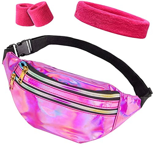 Accessoire Annee 80, Deguisement Annee 80 Femme, Année 80, Sac Banane, Bandeau Noeud, Bracelets Convient pour Le Quotidien Festival Sport Fitness Rose