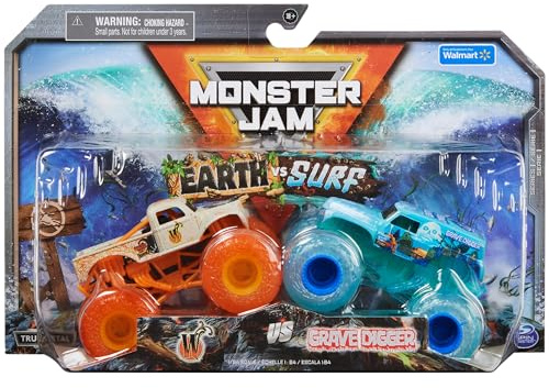 Monster Jam, Official Whiplash Earth Vs. Grave Digger Surf 1:64 Scale Die-Cast Monster Trucks (Walmart Exclusive), Kids Toys for Boys Ages 3 and up