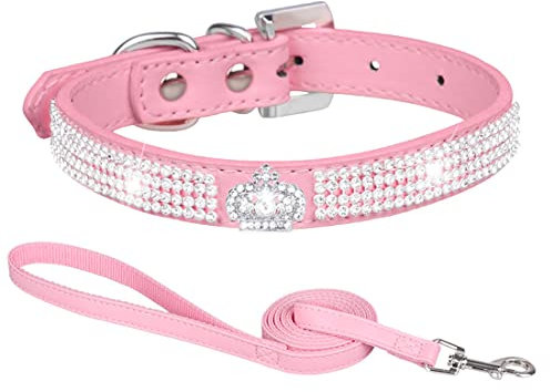 HALFSUMO Hundehalsband Leder Halsband Hund Lederhalsband Hund Funkelnd Hundehalsbänder mit Strasssteinen Besetzt für Haustiere Welpen Katzen Kombi-Set mit Leine Rosa S C008