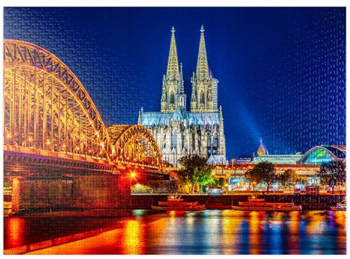 Nachtansicht des Kölner Doms und der Hohenzollernbrücke über Rhein, Deutschland - Premium 1000 Teile Puzzle für Erwachsene