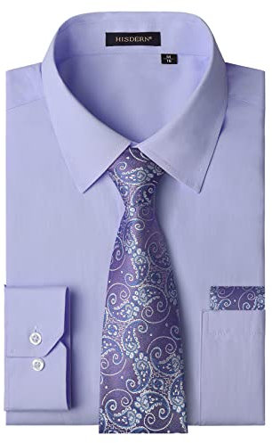 HISDERN Herren Hemd Lila Langarm Einfarbige Hemden mit Krawatte und Taschentuch Formelle Businesshemd Hochzeit Freizeithemd mit Tasche Regular Fit XL