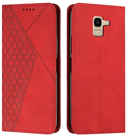 KOUYI Kompatible mit Samsung Galaxy J6 2018 Hülle, Retro Premium PU Leder Weich TPU Klapphülle Kartenfächer Magnetic Standfunktion Flip Wallet Shockproof Handyhülle (Rot)
