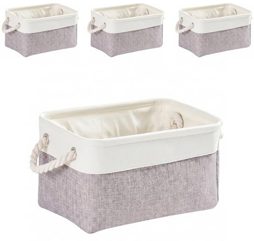 Mangata aufbewahrungskorb Stoff 4er Set, aufbewahrungsbox Schrank, Korb aufbewahrung Stoff mit Seil für Spielzeug, kleiderschrank, Regale, Kleidung (Faltbare, Mittel, Grau Weiß)