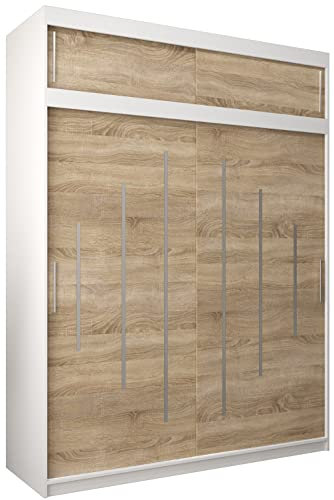 Kryspol Schwebetürenschrank York 180 cm Kleiderschrank mit Kleiderstange und Einlegeboden Schlafzimmer- Wohnzimmerschrank Schiebetüren Modern Design (Weiß + Sonoma mit Erweiterung)