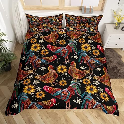Kids Chicken Bedding Set Farm Animal Bedding Duvet Cover Set For Boys Decor Sunflower Comforter Cover Set Botanical Sunflower Red Bedspread Cover Bedroom Quilt Cover 3Pcs King
