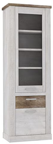möbelando Vitrine Duro Sockelhöhe 7 cm aus Holzwerkstoff, Sicherheitsglas, Metall in Pinia Weiss kombiniert mit Eiche Antik mit Einer Tür und 5 Fächern. Abmessungen (BxHxT) 71,2x212x41,3 cm