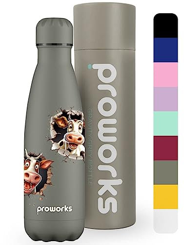 PROWORKS Bouteille d'eau Isotherme, sans BPA, Gourde INOX Reutilisable pour Maintien Chaud de 12 Heures & du Froid Jusqu’à 24 Heures, Sport, Gym, Voyage 500ml - Gris gravité - Vache Surprise