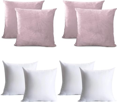 Oxford Homeware Pink Cushion Covers 45cm x 45cm (Pack of 4) Cushions with Covers Included – Decorative Velvet Cushions for Living Room Sofa Bedroom with Invisible Zipper, 18 x 18 Inches