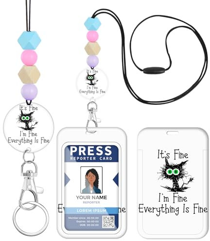 Toykee Lehrer-Schlüsselband für Ausweiskarte, lustiges I'm Fine Cat Männer Frauen Perlen Breakaway Neck Lanyards Namensschild Abzeichen Halter Ästhetische Arbeit Schlüssel Zubehör Geschenk