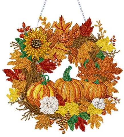 5D DIY Diamond Painting Kürbis Girlande Kranz Set, Diamant Painting Anhänger Herbstdeko Kits mit Kette, Diamant Malerei Türkranz Kürbis Herbst Deko Tür Fenster Deko DIY Geschenk (A)