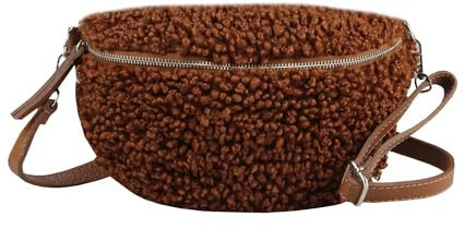 OBC Made in Italy Damen Teddyfell Tasche Plüsch Bauchtasche Hüfttasche Schultertasche Bodybag Umhängetasche Crossbody Teddyplüsch Handytasche Crossbag Gürteltasche Wintertasche Lammfell-Optik Braun