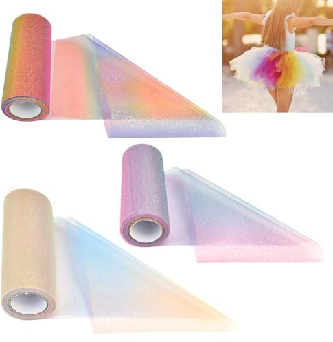 ADERTOS 3 Rollen Tüllband Regenbogenfarben Tüll Rollen mit Farbverlauf 15CM x 9M Dekostoff Tüll Tüllrolle Tüllnetz Glitter Regenbogen Tüll Tischläufer Tischband für Hochzeit Party Dekoration Tutu Rock