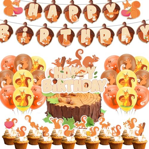 Eichhörnchen Geburtstag Party Dekorationen - Zubehör Mit Banner, Kuchen Topper, Cupcake Toppers, Ballons für Waldtiere und Zoo Tiere Party