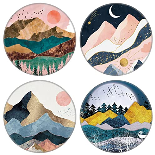 4 Pack Cell Phone Stand，Collapsible Cellphone Finger Grip Holder for Phones - Rose Gold Pink Mountain Sunset Tree Marble