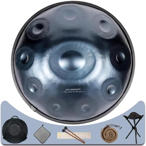 Eavnbaek Advanced Erwachsene Handpan Drum, 22 Zoll 10 Noten 440Hz D Moll Kurd Steel Handpan Drum Instrument mit Soft Bag, 2 Handpan Mallets, Handpan Stand und Staubfreies Tuch (Blau)