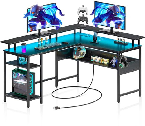 Rolanstar Scrivania Gaming Angolare LED, Postazione Gaming con 2 Prese di Corrente e 2 Porte di Ricarica USB, Scrivania L Reversibile con Supporto per Monitor & Ripiani Regolabili(Nero 137 x 108 cm)