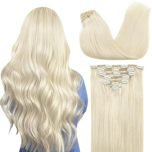 GOO GOO Clip in Human Hair Extensions, 20inch 120g 7pcs, Hair Extensions Clip in, 60A Platinum Blonde