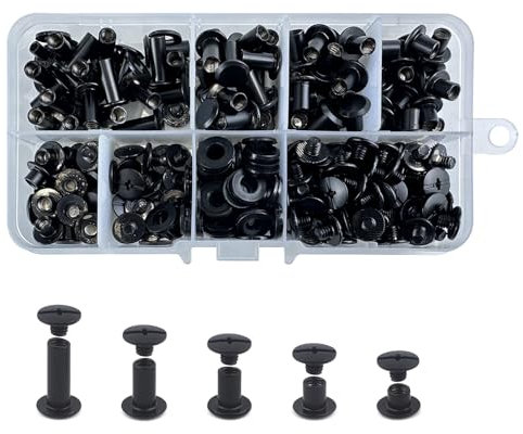 CANGCANG 100 Satz Gürtelschrauben Schwarz,Chicago Buchschrauben M5* 4/6/8/10/12mm Binding Schrauben kit 5 Größen Schraube Metallzubehör Nägel Nieten Chicago Button für Ledergürtel DIY Leder