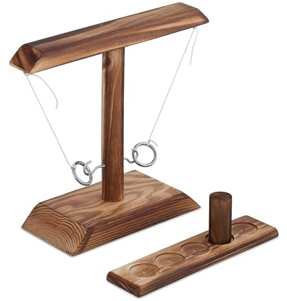 Relaxdays drinking game, rings & hooks, party game for adults, 2 players, pendulum game with game board, wood, natural