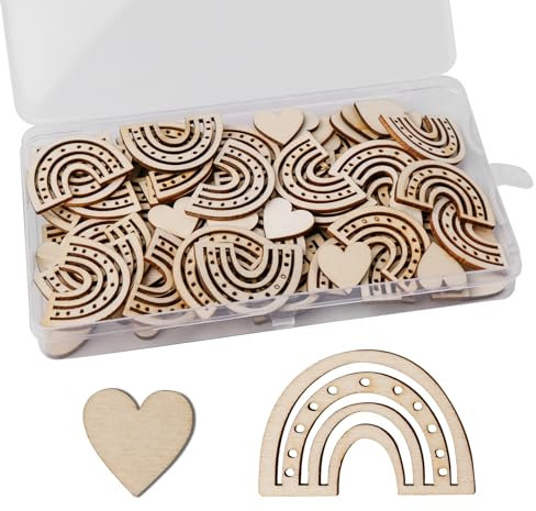 FRUHLING 100 Stück Holz Regenbogen Herzen Konfetti Streudeko Taufe Deko Konfirmation Tischdeko Kommunion Deko Kinder Geburstag Baby Shower Deko für Junge Mädchen
