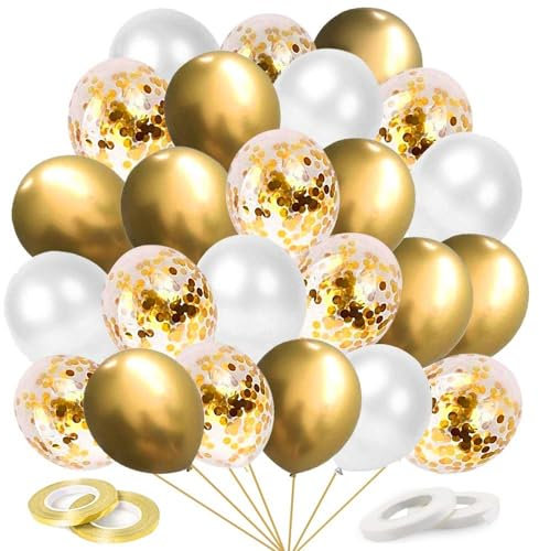 60 Stück Silvester Deko Luftballons Goldene, Helium Gold Weiß Ballons,Neujahr Silvesterdeko Golden Latex Ballons mit Bändern für Valentinstag Ramadan Kinder Geburtstag Hochzeit Party Dekoration