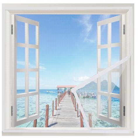 Fliegengitter Fenster Mit Rahmen 60x90cm Fliegenvorhang Insektenschutz für BalkonFenster Wohnzimmer TerrassenFenster Moskitonetz mit Klebemontage, Weiß