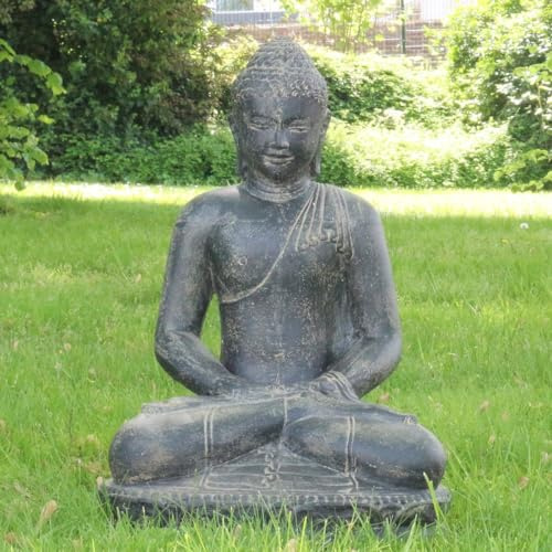 Oriental Galerie Buddha Statue sitzend Figur Skulptur Asien Indonesien Deko Steinguss Lavastein Gartenfigur Meditation 60 cm