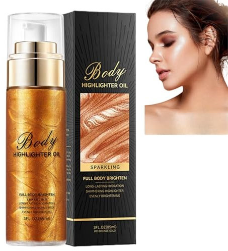 Body Shimmer Oil,Waterproof Body Highlighter Makeup,Moisturizing Liquid Luminizer, Non-Sticky Body Glow Shimmer Lotion for Face and Body,Body Smooth Light Shimmer Glow Oil,80ml (#03-Bronze Gold)