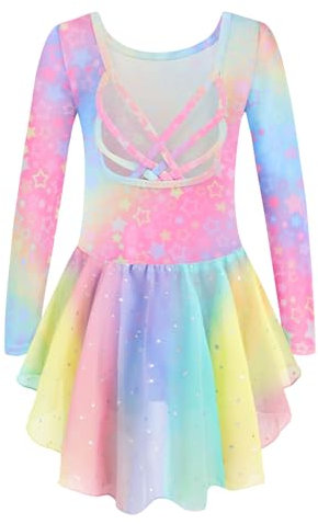Arshiner Ballettkleidung Mädchen Ballettkleider Kinder Baumwolle Ballettanzug Regenbogen Tanzkleid Tanzbody mit Tutu Ballerina Kleid 150/7-8 Jahre