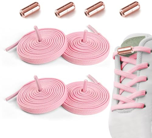 Cadimus 2 Paires Lacets Elastiques avec Fermeture en Métal, Lacets Rose Plats, Lacets Élastiques Sans Nœud, Lacets Universels Réglables pour Enfants et Adultes