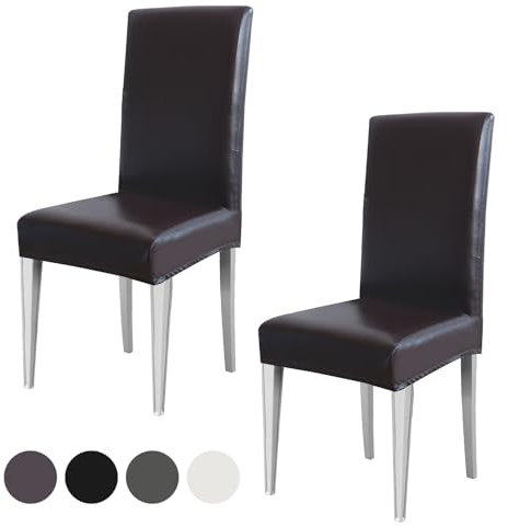 Stuhlhussen 2er Set aus PU Leder - wasserdichte und elastische Stuhlbezüge für optimalen Sitzschutz – Ideal für Zuhause, Küche, Hotel, Restaurant, Hochzeiten und Partys, Dunkelbraun