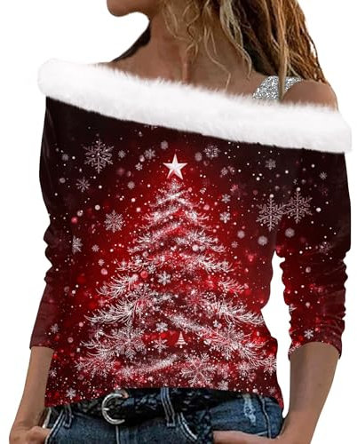 Weihnachtspullover Damen Langarmshirt Pullover Weihnachten Sweatshirt Weihnachtsshirt Damen Langarm mit Schneemann Weihnachtsmotiv Große Größen Weihnachts T-Shirt für Frauen Mädchen(Wine,M)