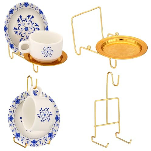 Teenyyou 4 Pcs Gold Metal Saucer Racks Tea Cup Holder Tea Cup and Saucer Display Stand China Display Stand Picture Frames Book Card Mug Organizer Bowl Decorative for Kitchen Table Plate Art